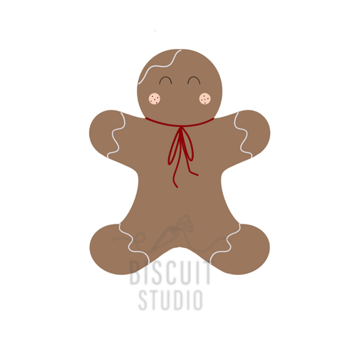 Design of a gingerbread man with a red ribbon cookie cutter by Biscuit Studio logo.
