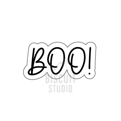 Cute BOO! cookie cutter by Biscuit Studio  in a script font for halloween 