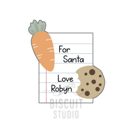 Design of a letter to Santa with a carrot and cookie, featuring the text cookie cutter by Biscuit Studio