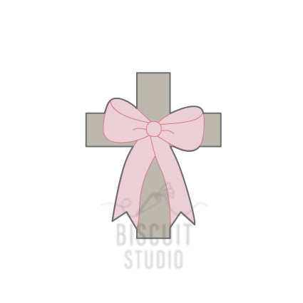 Cross-shaped decorative item with a pink bow cutter design by Biscuit Studio