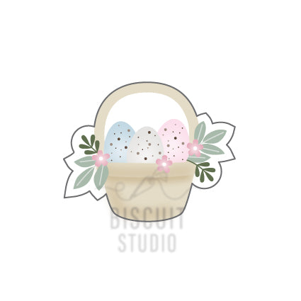 Decorative Easter basket with eggs and flowers on a white background cutter design by Biscuit Studio