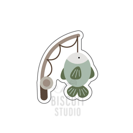 Fish on rod Cookie Cutter – shown with decorated cookie example