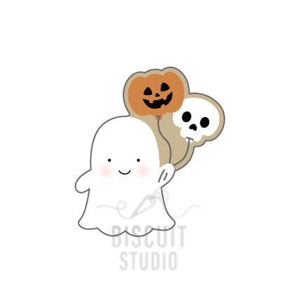 Cartoon ghost holding a pumpkin and skull-shaped cookie, perfect for halloween parties.