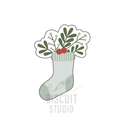 Design of a Christmas stocking with mistletoe and berries by Biscuit Studio.