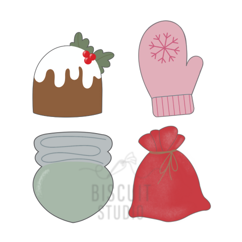 Set of Christmas-themed cookie cutters including a pudding, mitten, Christmas light, and toy sack