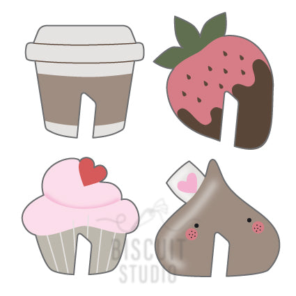 illustrations of a coffee cup, strawberry, cupcake, and hershey's kiss cutters by Biscuit Studio.